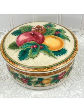 Vintage Mikasa Japan Christmas Trinket Dish Fruit Round Lidded Bowl Multicolor